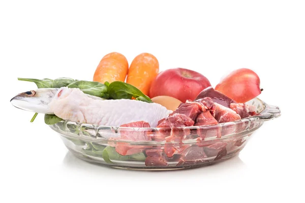 Ingrediënten van kots rauw voedsel recept voor honden bestaande uit vlees, organen, vis, eieren en groenten op witte achtergrond — Stockfoto