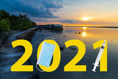 Yüzü maske ve şırıngayla deniz kenarında gün doğumuna karşı 2021 sayılı metne hoş geldiniz.