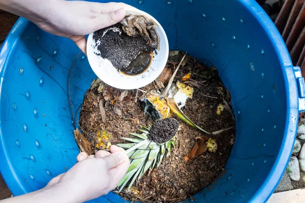 Ruční přidávání kávových sedlin do kompostu jako součást zeleného kompostního materiálu — Stock fotografie