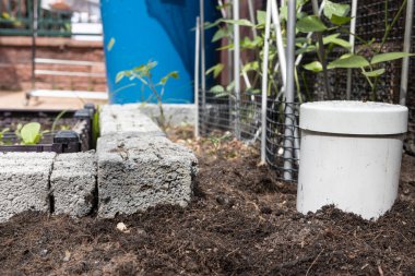 Arka plandaki bitkilere karşı bahçedeki toprağa ekilmiş solucan kulesi.