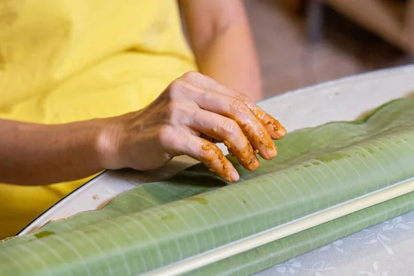Person folded the banana leaf inward after finishing the meal as sign of satisfied