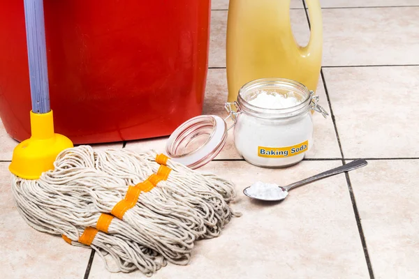 Baking soda with pail, mop, detergent for house cleaning. — Stock Photo, Image