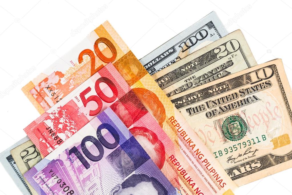 Close up of Philippines Piso currency note against US Dollar