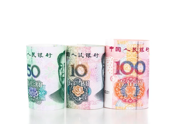 Nahaufnahme des aufgerollten chinesischen Yuan-Renminbi-Scheins — Stockfoto