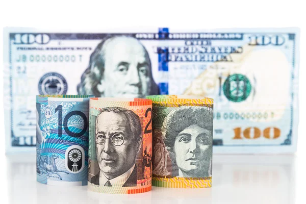 私たちのドルに対してオーストラリアドル通貨ノートのクローズ アップ — ストック写真