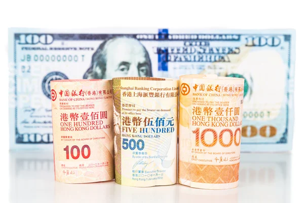 Nahaufnahme der Hongkong-Banknote gegen uns Dollar — Stockfoto