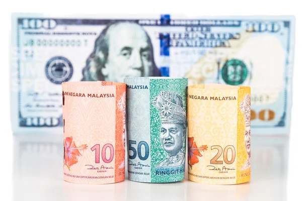 私たちドルに対するマレーシア リンギの通貨ノートのクローズ アップ — ストック写真