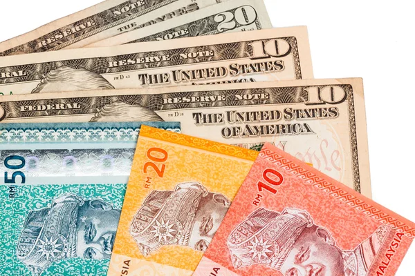 Primo piano della Malesia Ringgit e Dollaro USA americano — Foto Stock