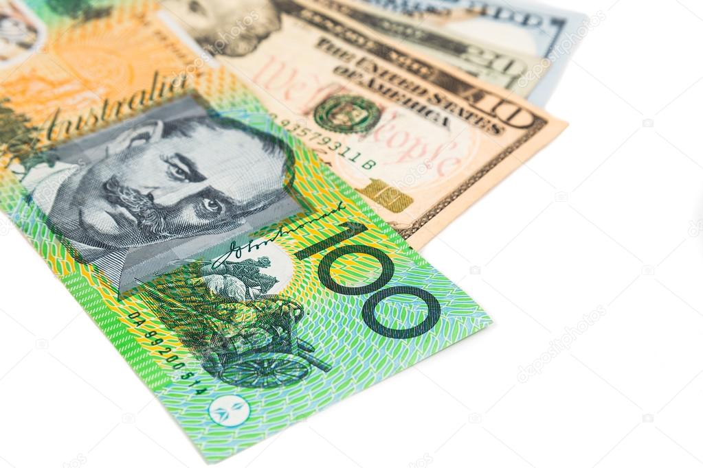 Close up of Australian Dollar currency note against US Dollar