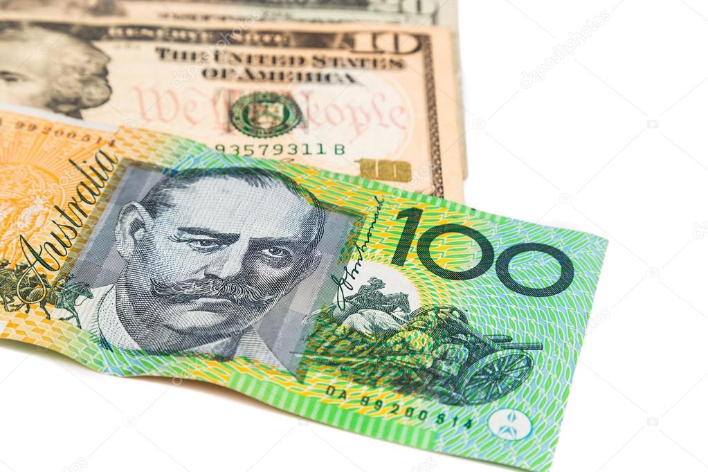 Close up of Australian Dollar currency note against US Dollar