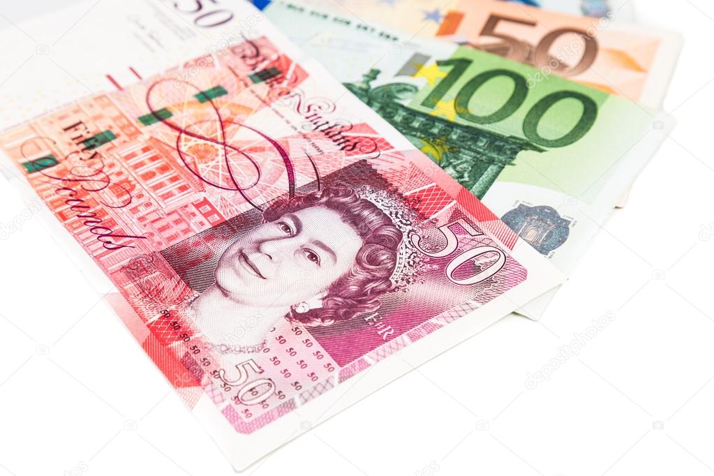 Close up of British Pound Sterling note against EURO