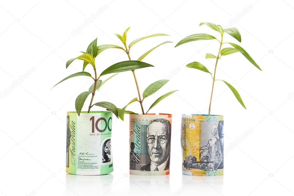 Concept of green plant grow on Australian Dollar currency note