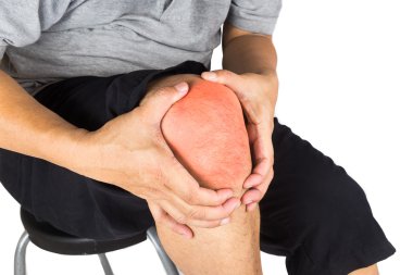 Close up on the painful knee joint of a matured man clipart