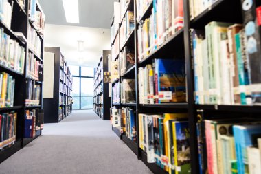 Kütüphane kitap raf koridorları yeşillik ile uzak bitiş parlak pencere odaklı