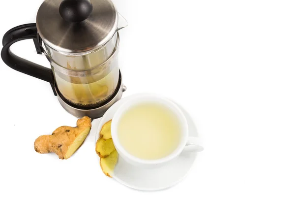 Chá de gengibre quente na xícara com frasco de filtro — Fotografia de Stock