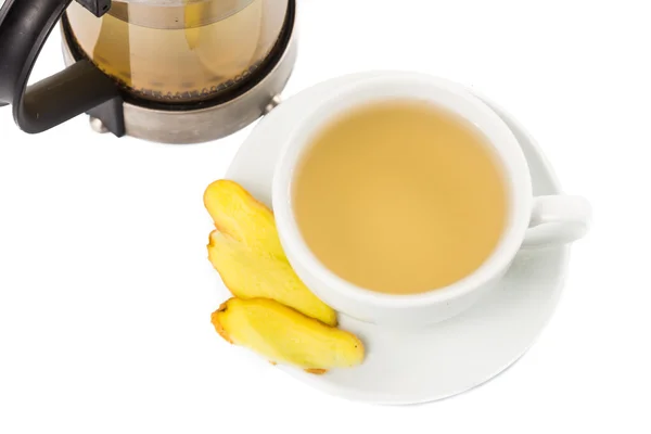 Zdrowe gorącej herbaty, imbir z filtrem słoik i kubek na białym tle w kolorze białym — Zdjęcie stockowe