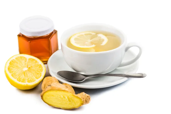 Estimulante Quente mel limão e gengibre bebidas no copo — Fotografia de Stock