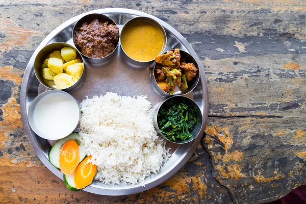 Delicious Nepali Thali meal set with mutton — Stock Photo, Image