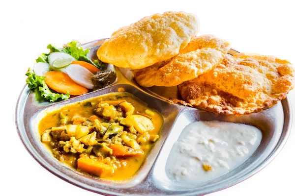 Nepali Puri meal set with dal and yogurt — Stock Photo, Image