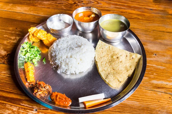 Nepali Thali meal set with chicken curry — Stock Photo, Image