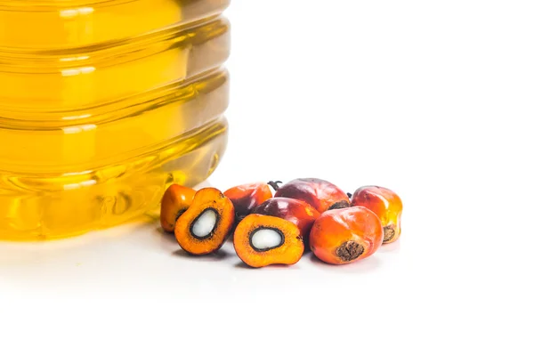 Вишукана пальмова олія в пляшці зі свіжими олійними фруктами . — стокове фото