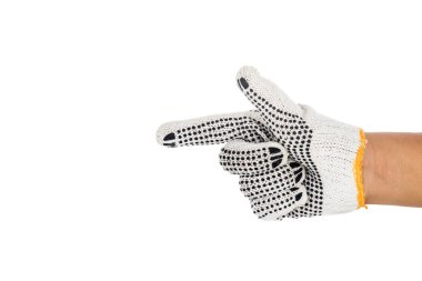 Endüstriyel eldiven beyaz backgr karşı yönde işaret eden el