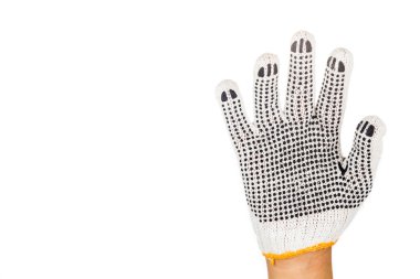Hand in industrial glove gesturing number five against white bac