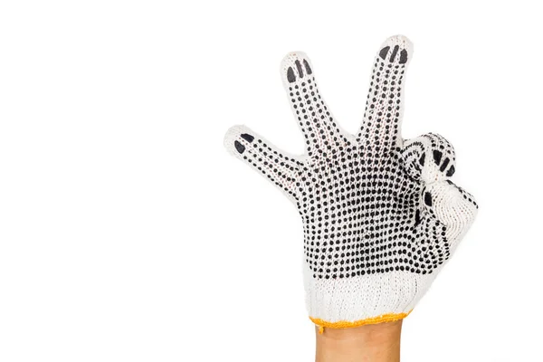 Hand in industrial glove gesturing OKAY against white background — Stock Photo, Image