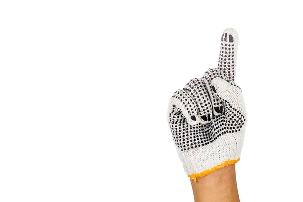 Ruku v průmyslové rukavice směřují číslo jedna proti bílým zpět — Stock fotografie