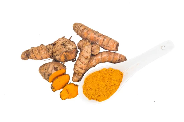 Turmeric roots and powder, healthy food with healing properties. — Stockfoto
