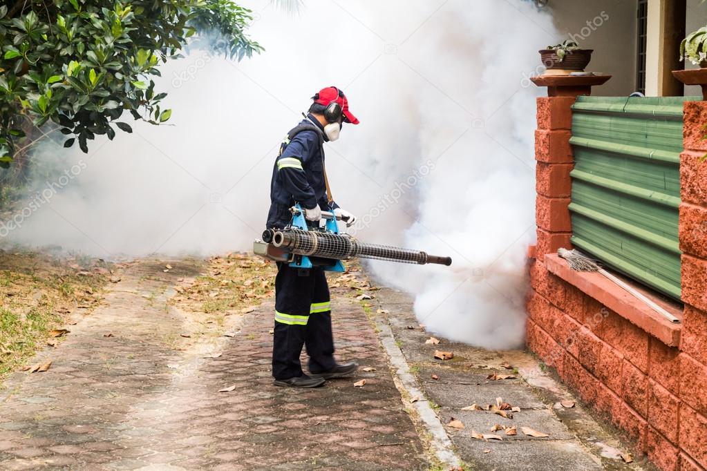 Worker fogging residential area with insecticides to kill aedes