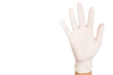 Hand in surgical latex glove gesture number Five clipart