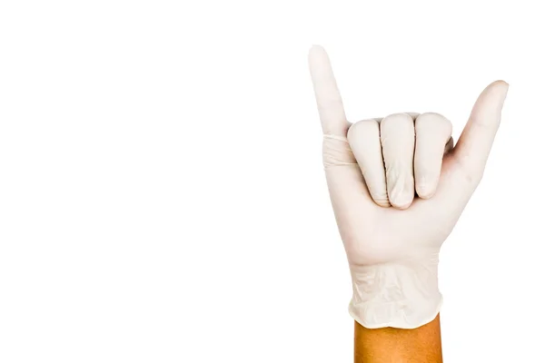 Ruku v chirurgické latexové rukavice gesto číslo šest — Stock fotografie