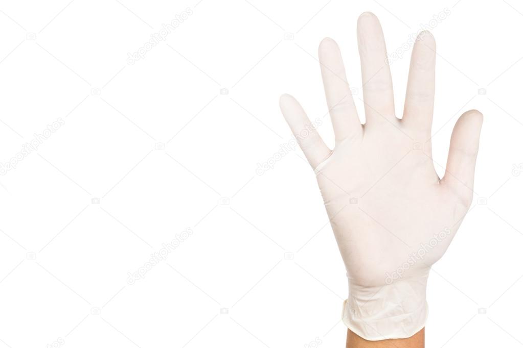 Hand in surgical latex glove gesture number Five