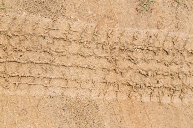 Kuru kahverengi sarı toprak yol üzerinde lastik izleri