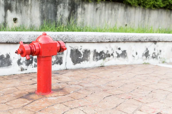 Boca de incendios roja en el pavimento ocupado caminar listo para la emergencia —  Fotos de Stock