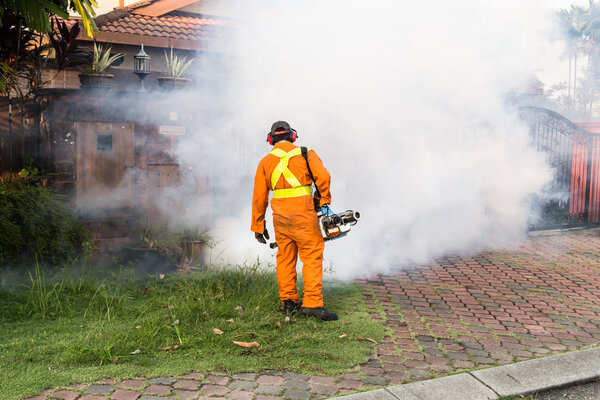 Worker fogging residential area with insecticides to kill aedes 