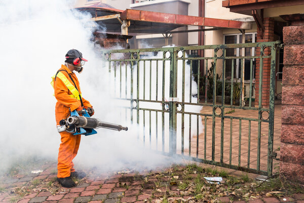 Worker fogging residential area with insecticides to kill aedes 