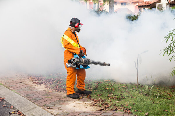 Worker fogging residential area with insecticides to kill aedes 