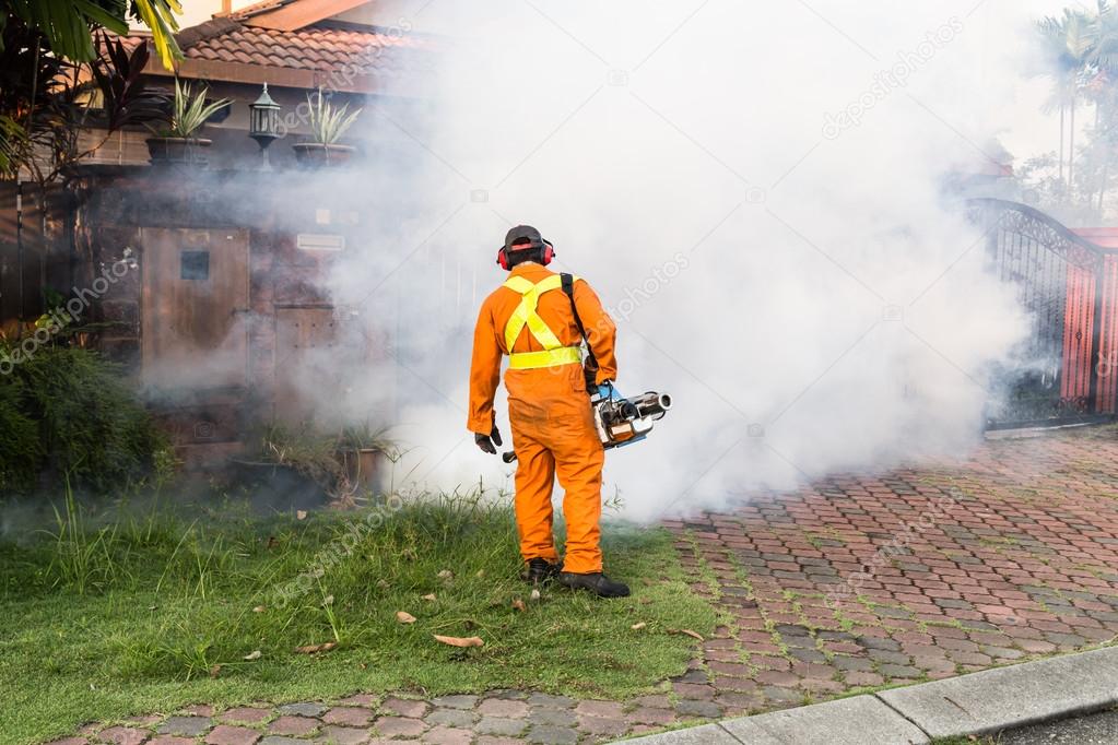 Worker fogging residential area with insecticides to kill aedes 