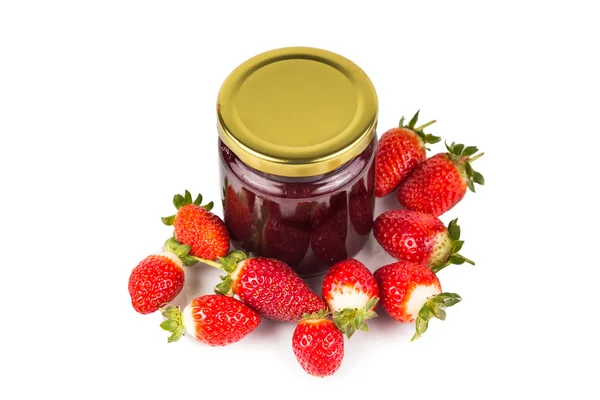 Organic strawberry jam in transparent glass jar with fresh straw — Stock Fotó