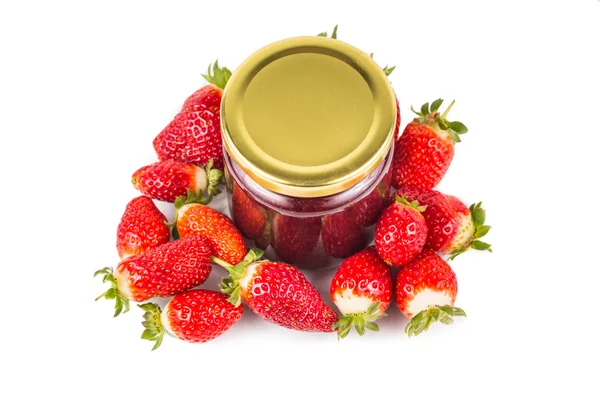 Organic strawberry jam in transparent glass jar with fresh straw — Stock Fotó