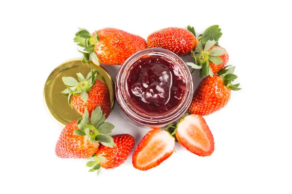 Organic strawberry jam in transparent glass jar with fresh straw — Stock Fotó