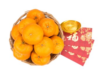 Mandarin oranges, gold nugget, red packets with good luck charac