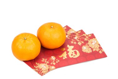 Mandarin oranges and red packets with Chinese good luck characte