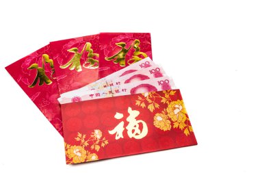 Red packet with Good Fortune character contains China Renminbi Yuan
