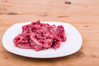Taze ve besleyici çiğ kıyma köpek maması plaka üzerinde