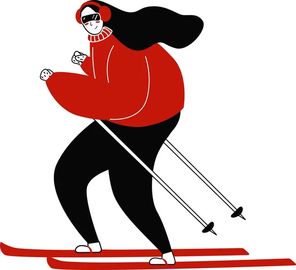 Kız kırmızı ve siyah kayak yapıyor.