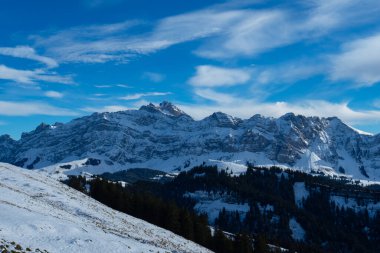 İsviçre 'de bir dağ olan Saentis' e uzanan karla kaplı bir çayır manzarası.