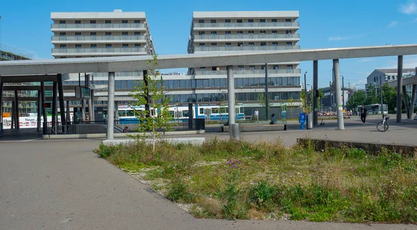 Zurich, Suiza - 12 de agosto de 2020: Estación Stettbach frente a los edificios — Foto de Stock